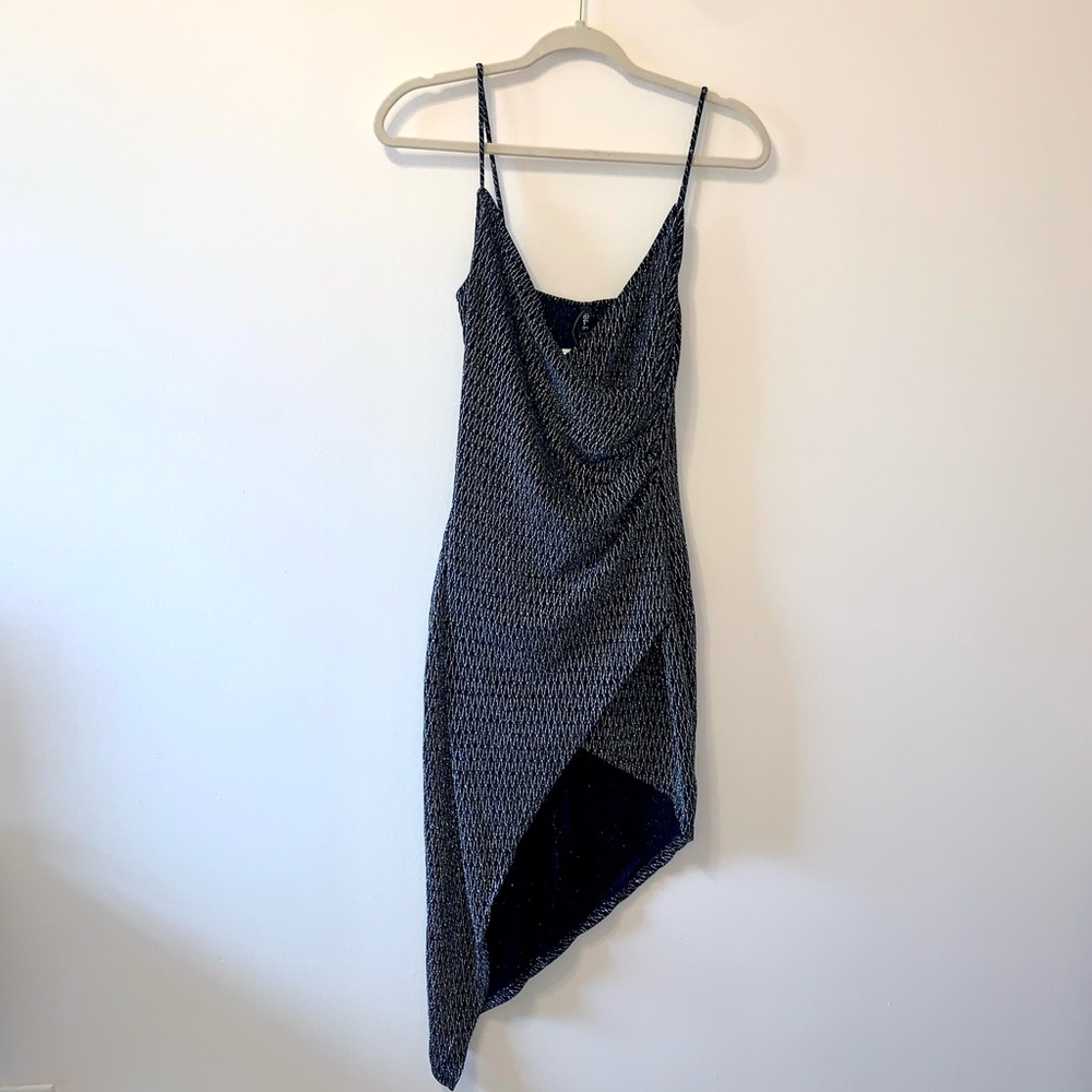 Black and silver mock wrap dress